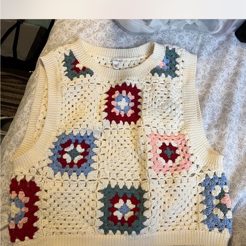 Cream Crochet Sweater Vest with Multi Color Accents